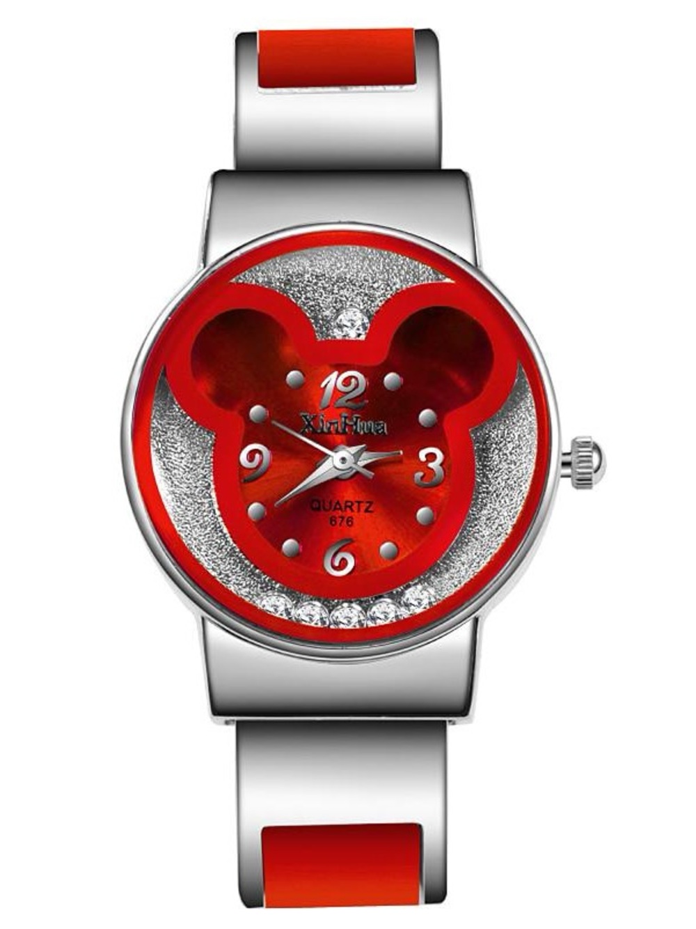 Disney Themed Bangle Cuff Watch Red and Silver Wristwatch Quartz Movement
